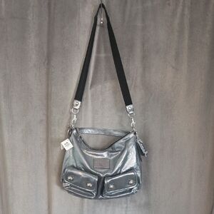 NWT Coach Poppy Gunmetal Silver Shimmering Silver Shoulder Bag with Black Strap